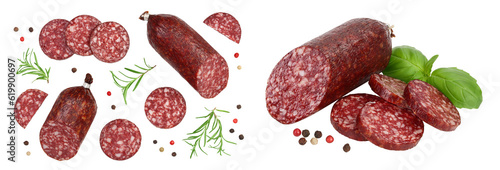 Smoked sausage salami with slices isolated on white background with full depth of field. Top view. Flat lay