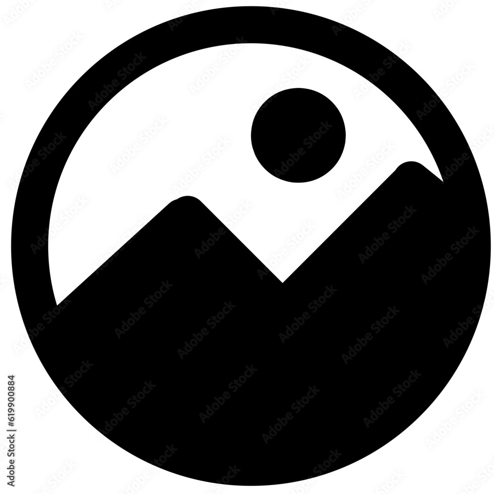 Circle picture icon with silhouette mountain and sun Circle picture icon with silhouette mountain and sun