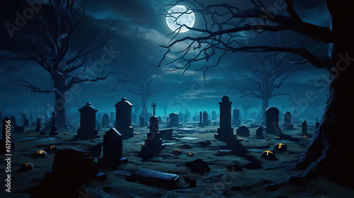 Moonlit Cemetery on a Field A Haunting Halloween Background on October 31. created with Generative AI