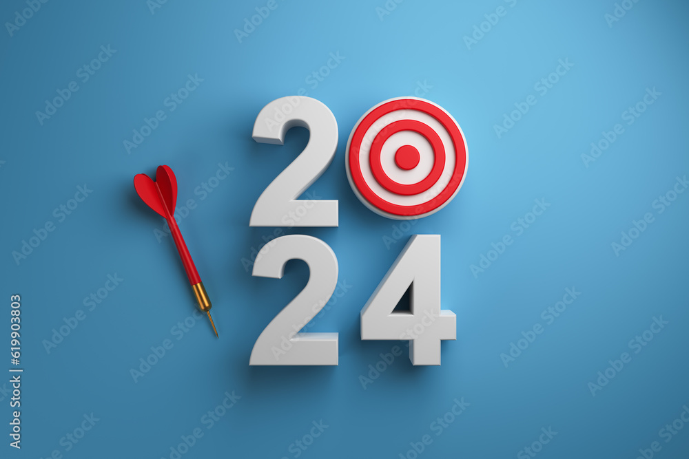 3D volumetric 2024 with target and dart on blue background top view