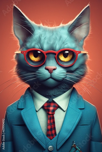 Serious cat with glasses as a teacher, student and businessman, generated by AI © OlgaChan