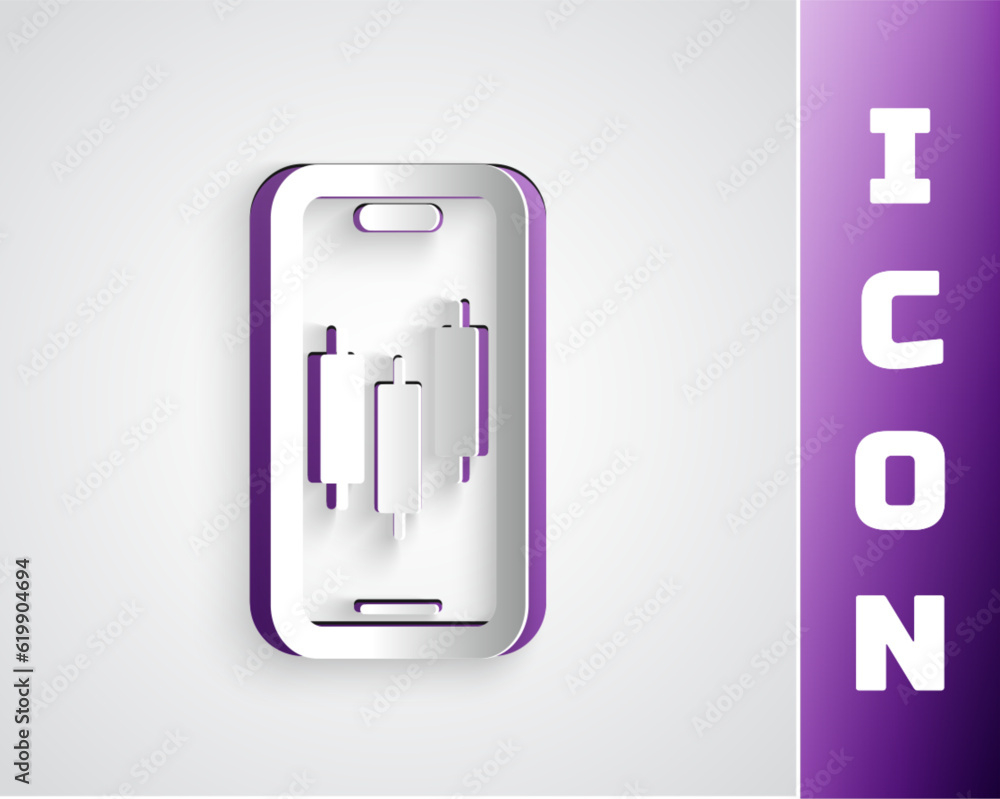 Paper cut Mobile stock trading concept icon isolated on grey background. Online trading, stock market analysis, business and investment. Paper art style. Vector Paper cut Mobile stock trading concept icon isolated on grey background. Online trading, stock market analysis, business and investment. Paper art style. Vector