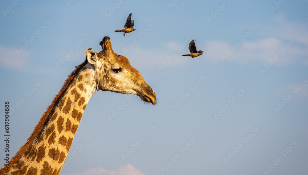 Obraz premium Two oxpeckers flying off a giraffe's head