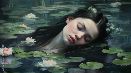 A beautiful young girl in a white dress poses as she drowned in a river with water lilies. Fairy tale about Ophelia, generated by AI