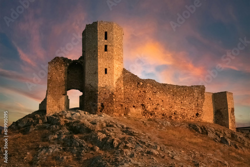 Escape tower in the wilderness at sunset. Biblical concept.