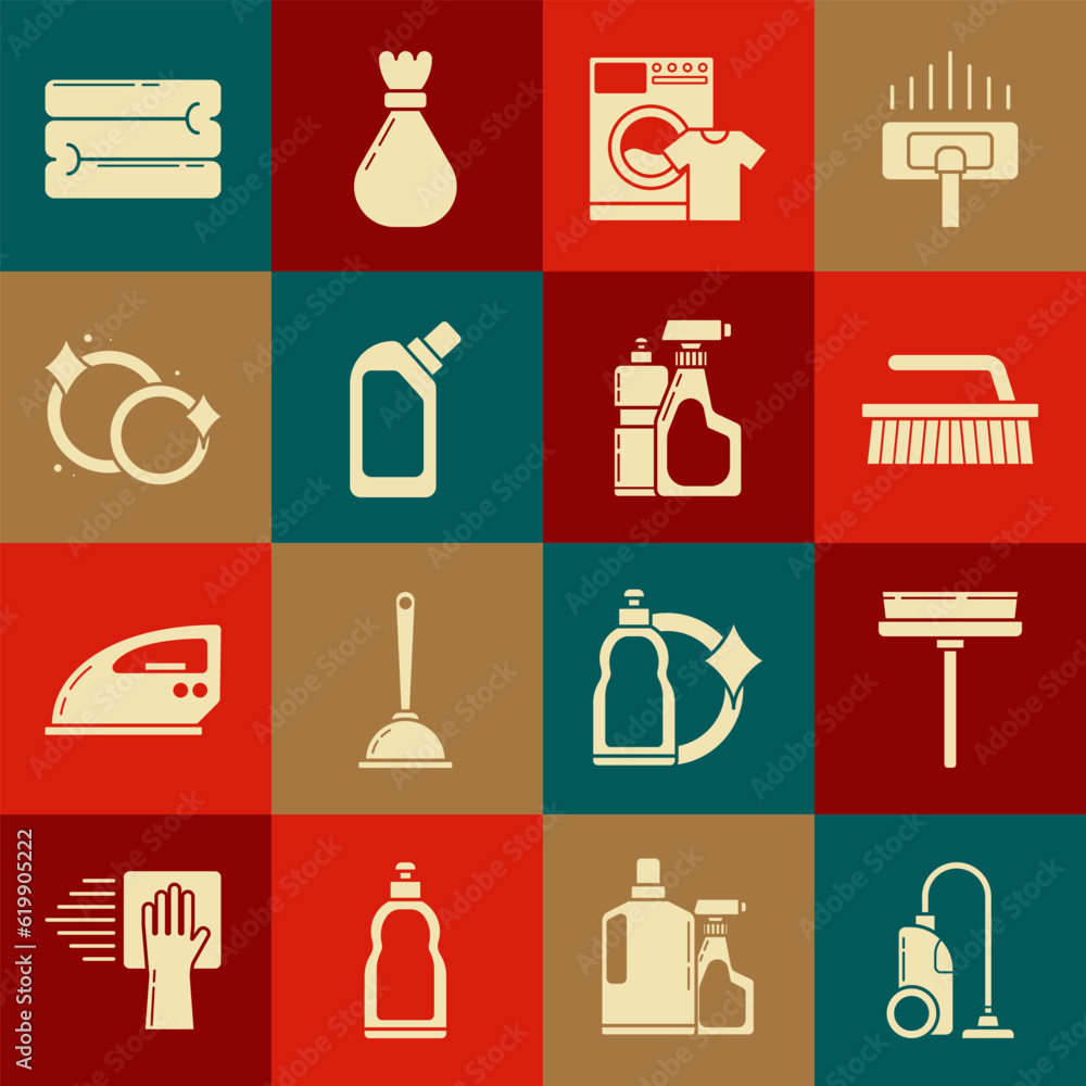 Set Vacuum cleaner, Squeegee, scraper, wiper, Brush for cleaning, Washer and t-shirt, Plastic bottles liquid dishwashing liquid, Washing dishes, Towel stack and icon. Vector Set Vacuum cleaner, Squeegee, scraper, wiper, Brush for cleaning, Washer and t-shirt, Plastic bottles liquid dishwashing liquid, Washing dishes, Towel stack and icon. Vector