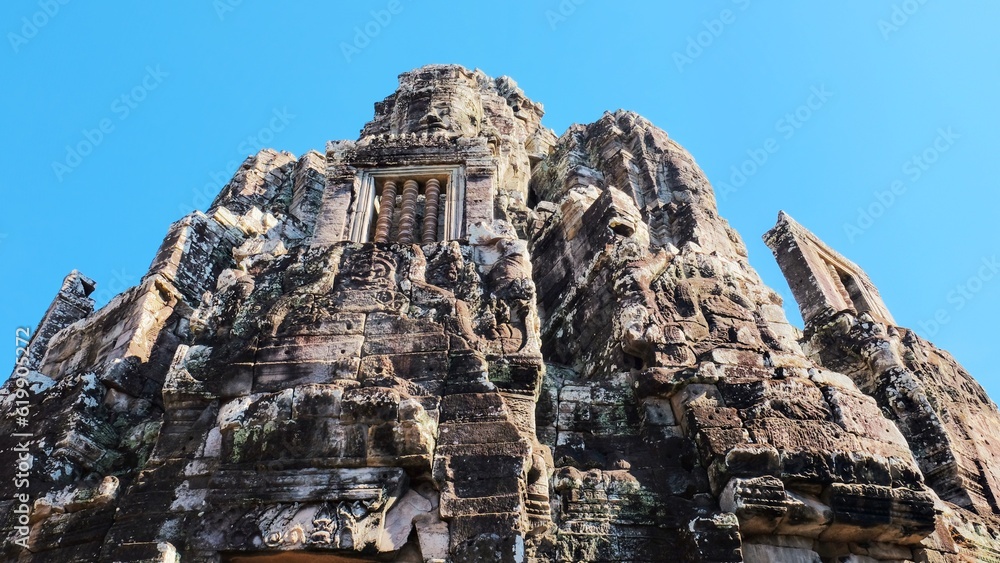 The main building of the Bayon Temple, a significant landmark from the Khmer Empire in Cambodia.