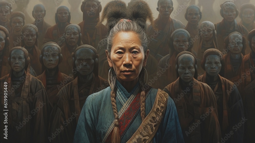 Naklejka premium Concept: family, tribe and clan, family tree, genes, DNA, family history, family values. Asian woman stands against the background of her fellow tribesmen. AI generated