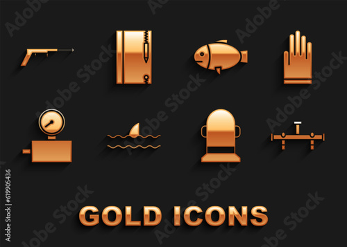 Set Shark fin in ocean wave, Gloves, Manifold, Buoy, Gauge scale, Fish, Fishing harpoon and Underwater note book and pencil icon. Vector