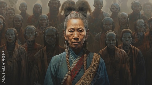 Concept: family, tribe and clan, family tree, genes, DNA, family history, family values. Asian woman stands against the background of her fellow tribesmen. AI generated