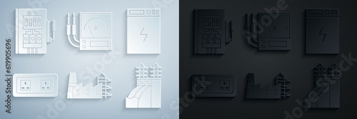 Set Power station plant and factory, bank, Electrical outlet, Nuclear power, Ampere meter, multimeter, voltmeter and panel icon. Vector