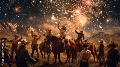 a horizontal of a Cowboys  Cowgirls celebrating under a western sunset  starry sky in a Western-themed JPG format. Generative AI