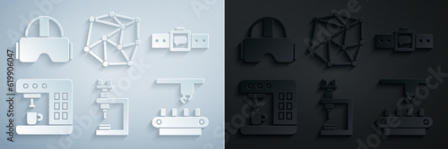 Set Microscope, Smartwatch, Coffee machine, Factory conveyor system belt, Neural network and Virtual reality glasses icon. Vector