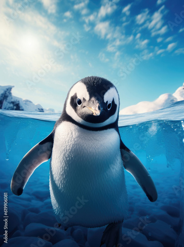 Cartoon penguin against the snowy blue ocean