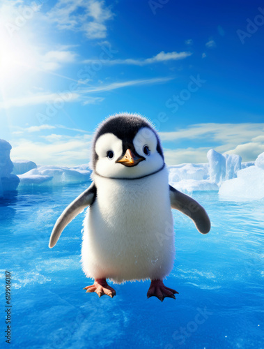 Cartoon penguin against the snowy blue ocean