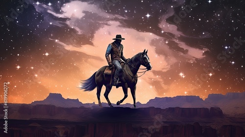 a horizontal layout  Cowboys and Cowgirls at sunset and under a starry sky a Western-themed in a JPG format. Generative AI