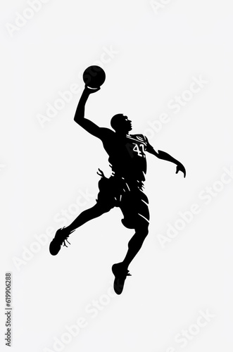 a black ink brush painting of a silhouette of basketball player