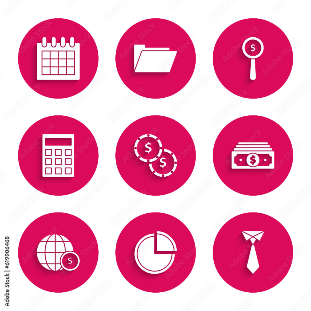 Set Coin money with dollar symbol, Pie chart infographic, Tie, Stacks paper cash, Earth globe, Calculator, Magnifying glass and and Calendar icon. Vector Set Coin money with dollar symbol, Pie chart infographic, Tie, Stacks paper cash, Earth globe, Calculator, Magnifying glass and and Calendar icon. Vector