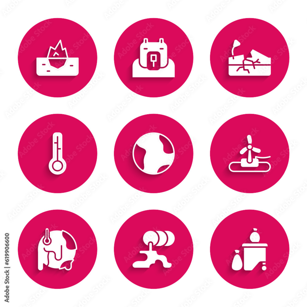 Set Earth globe, Barrel oil leak, Full dustbin, Wind turbine, Global warming, Meteorology thermometer, Earthquake and Iceberg icon. Vector Set Earth globe, Barrel oil leak, Full dustbin, Wind turbine, Global warming, Meteorology thermometer, Earthquake and Iceberg icon. Vector