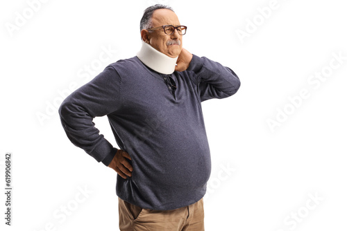 Mature man in pain wearing a cervical collar