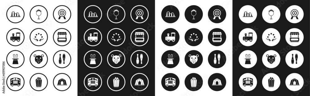 Set Target, Juggling ball, Toy train, Roller coaster, Fast street food cart, Circus fire hoop, Bowling pin and Magician hat and rabbit ears icon. Vector
