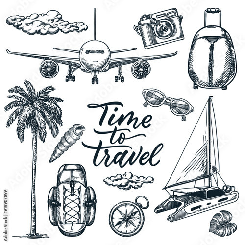 Time to travel calligraphy lettering and summer vacation design elements set. Vector doodle sketch illustration