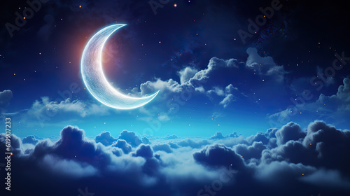 Celestial Serenity Romantic Moon in a Starry Night Sky Over Clouds. created with Generative AI