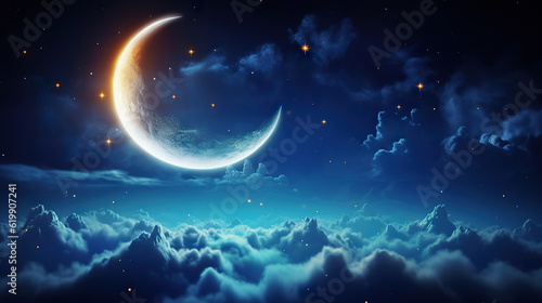 Celestial Serenity Romantic Moon in a Starry Night Sky Over Clouds. created with Generative AI
