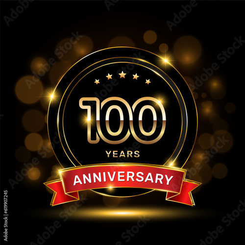 100 year anniversary logo with a gold emblem shape and red ribbon, logo template vector