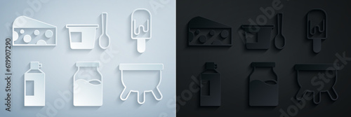 Set Bottle with milk, Ice cream, Whipped in bottle, Udder, Yogurt container spoon and Cheese icon. Vector
