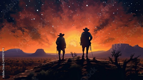 a horizontal of a Cowboys, Cowgirls celebrating under a western sunset, starry sky in a Western-themed JPG format. Generative AI