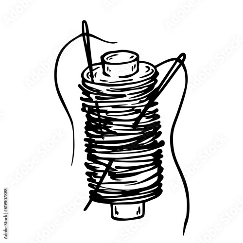 Sketch, scribble of a skein of thread with a needle.Vector graphics.