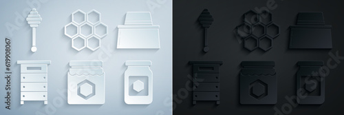 Set Jar of honey, Beekeeper with protect hat, Hive for bees, Honeycomb and dipper stick icon. Vector