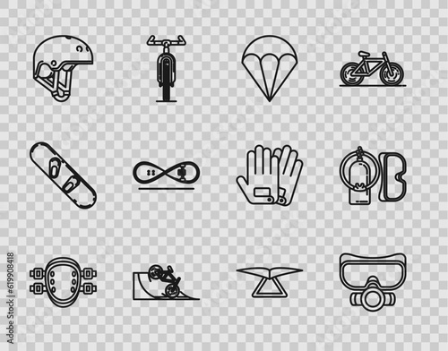 Set line Knee pads, Diving mask, Parachute, Bicycle on street ramp, Helmet, Skateboard trick, Hang glider and and aqualung icon. Vector