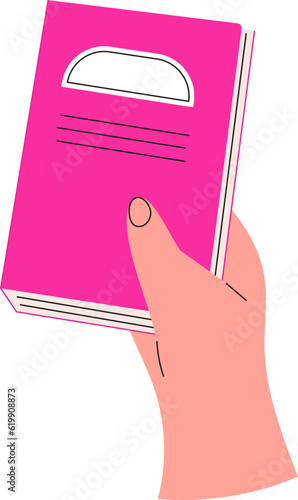 Hand hold book icon. Concept of literature, dictionaries, encyclopedias. Hand with planners with bookmarks in doodle style.
