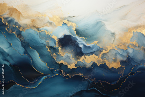 Abstract background, sea waves, blue watercolor and gold paint. AI generative.
