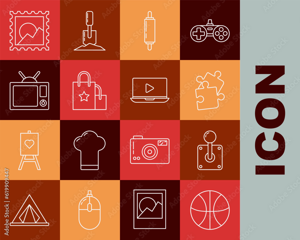 Set line Basketball ball, Joystick for arcade machine, Piece of puzzle, Rolling pin, Paper shopping bag, Television, Picture landscape and Online play video icon. Vector Set line Basketball ball, Joystick for arcade machine, Piece of puzzle, Rolling pin, Paper shopping bag, Television, Picture landscape and Online play video icon. Vector