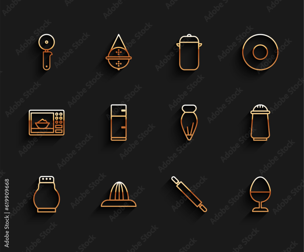 Set line Salt and pepper, Citrus fruit juicer, Pizza knife, Rolling pin, Chicken egg on stand, Refrigerator, and Pastry bag for decorate cakes icon. Vector Set line Salt and pepper, Citrus fruit juicer, Pizza knife, Rolling pin, Chicken egg on stand, Refrigerator, and Pastry bag for decorate cakes icon. Vector