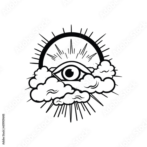 Eye of Providence. Masonic symbol. All seeing eye inside triangle pyramid. eye with cloud iluminati  Isolated vector illustration