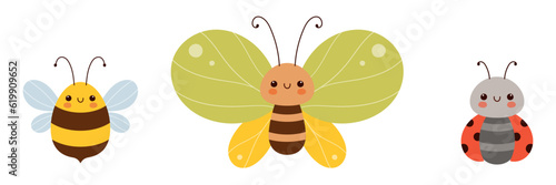 Cute insects set. Butterfly, bee and ladybug in flat cartoon style.