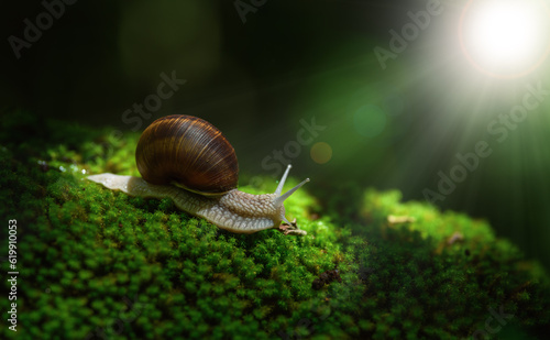 Snail crawling on the green moss in the forest with sunshine. Shallow depth of field