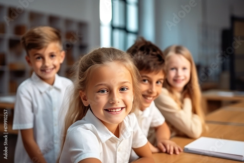 Girls and boys pupils of primary school sitting at the desk, smiling, posing and looking at camera. Back to school concept