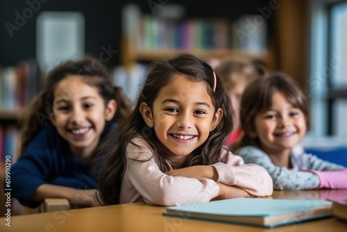 Happy latin schoolgirls sitting at the desk in the elementary school classroom, posing, smiling and looking at camera