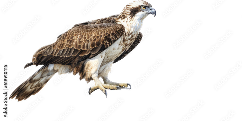 Fototapeta premium an Osprey, Pandion haliaetus. Portrait, in various positions, raptor nesting, Nature-themed, photorealistic illustrations in a PNG, cutout, and isolated. Generative AI