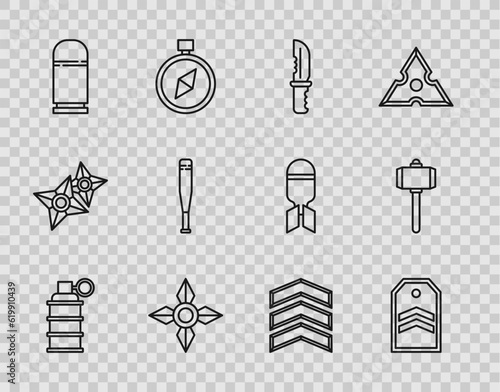 Set line Hand grenade, Chevron, Military knife, Japanese ninja shuriken, Cartridges, Baseball bat, rank and Battle hammer icon. Vector