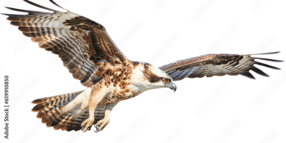 Obraz premium an Osprey, Pandion haliaetus. in flight in various positions, raptor, Nature-themed, photorealistic illustrations in a PNG, cutout, and isolated. Generative AI