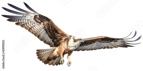 an Osprey, Pandion haliaetus. in flight in various positions, raptor, Nature-themed, photorealistic illustrations in a PNG, cutout, and isolated. Generative AI photo