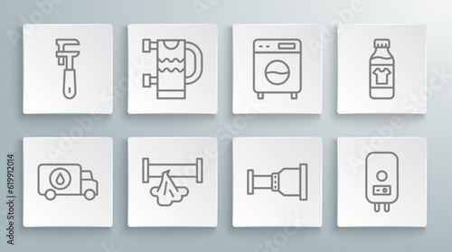Set line Plumber service car, Heated towel rail, Broken pipe, Pipe adapter, Electric boiler, Washer, Bottle for cleaning agent and adjustable wrench icon. Vector