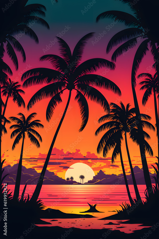 Digital art depicting a neon tropical island. Tropical summer palm trees. Generative AI