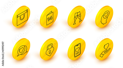 Set line Heart in hand, Online dating app chat, Castle the shape of heart, speech bubble, Head with, Glass champagne, Greeting card and Shopping bag icon. Vector